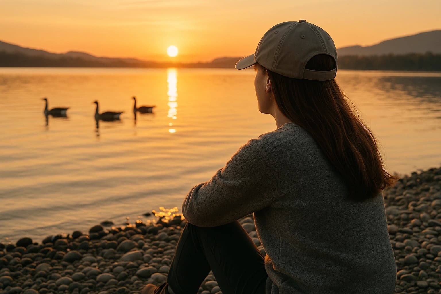 Lady looking out over lake during sunrise