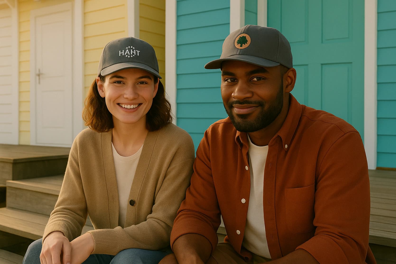 Two people sat on a beach hut