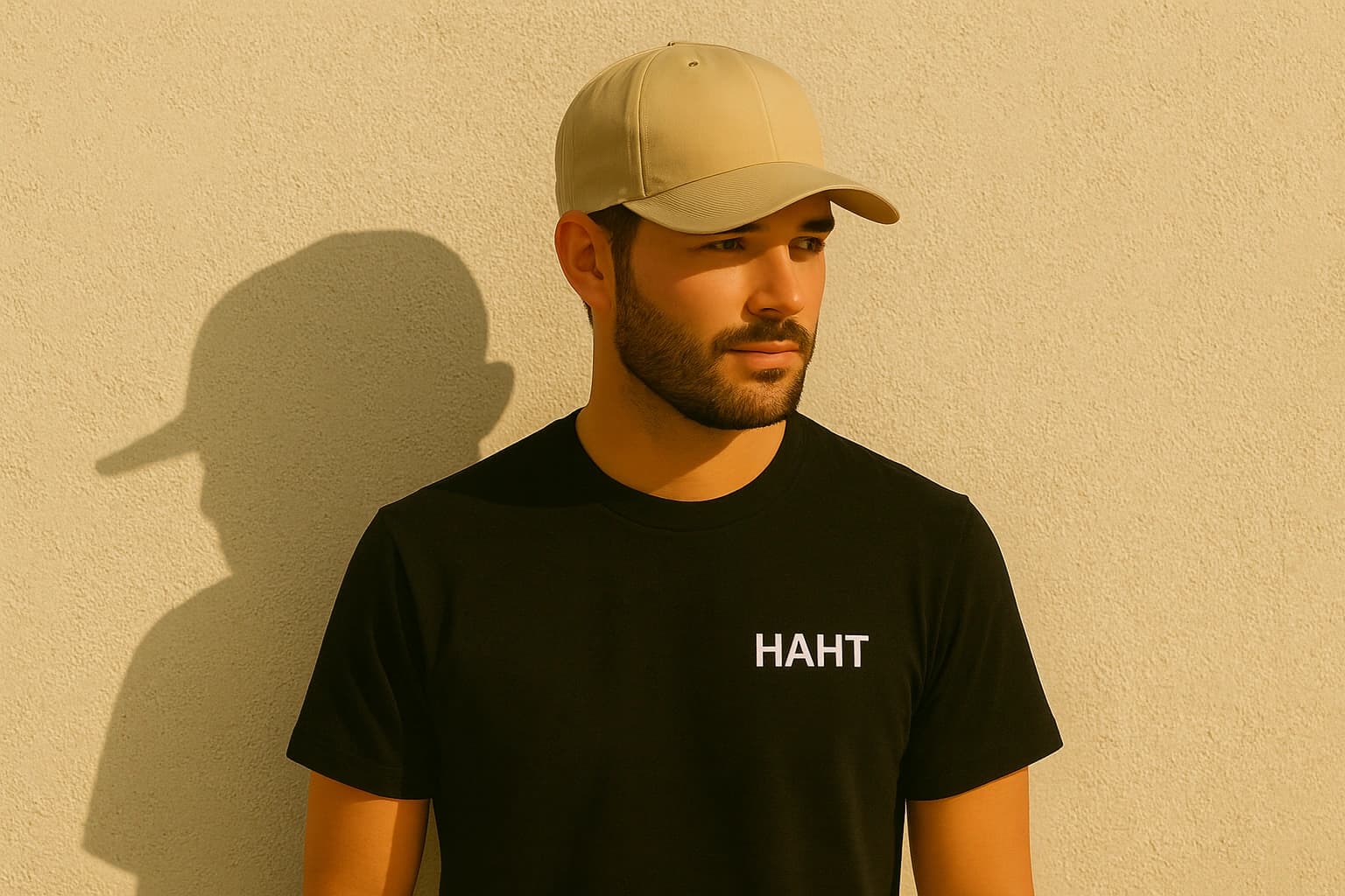 Man in black t-shirt stood by a cream wall in the sun