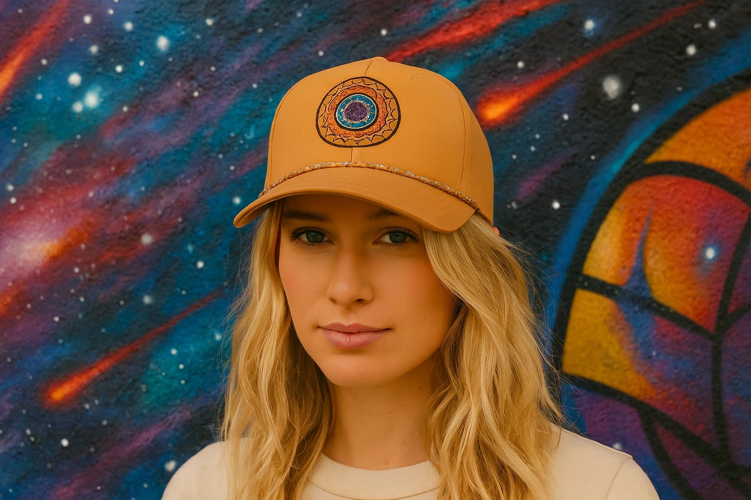 Girl in a rope cap next to a wall covered in colourful graffiti