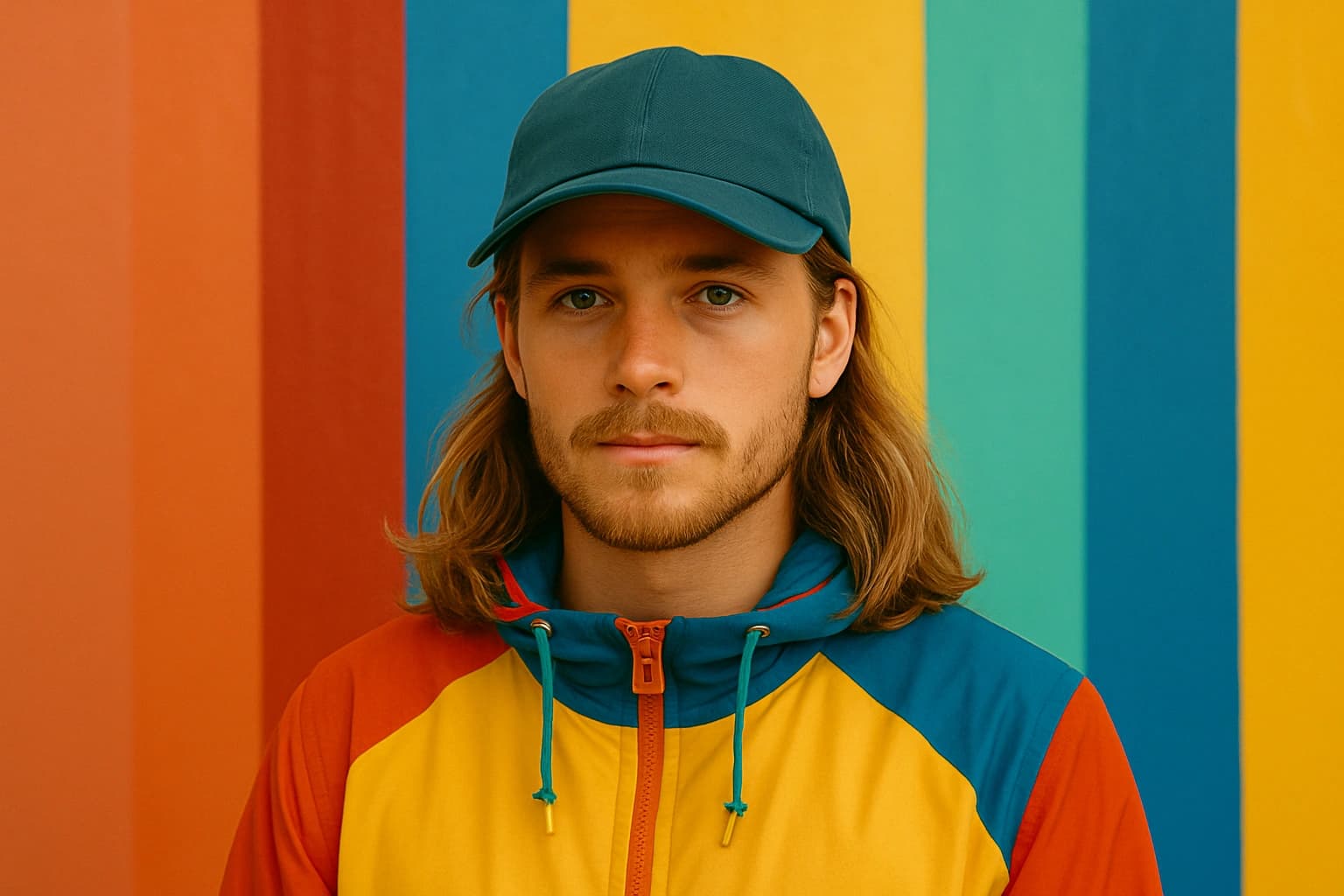 Man in colourful jacket against a colourful wall of yellow, blue and red