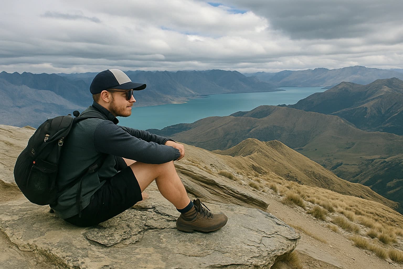Man sat at the top of Ben Lomond in New Zealand looking out at the water