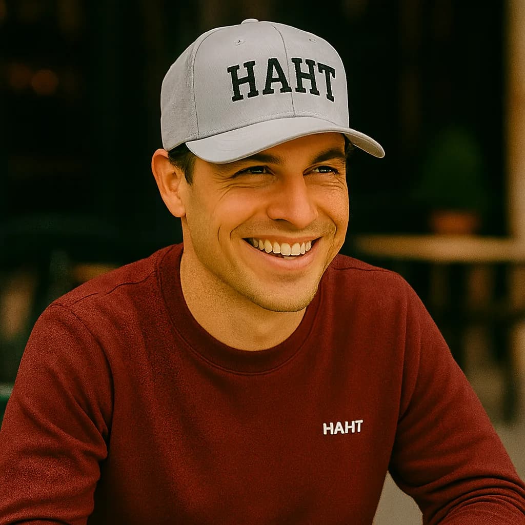 Person in a high profile cap sat at a cafe