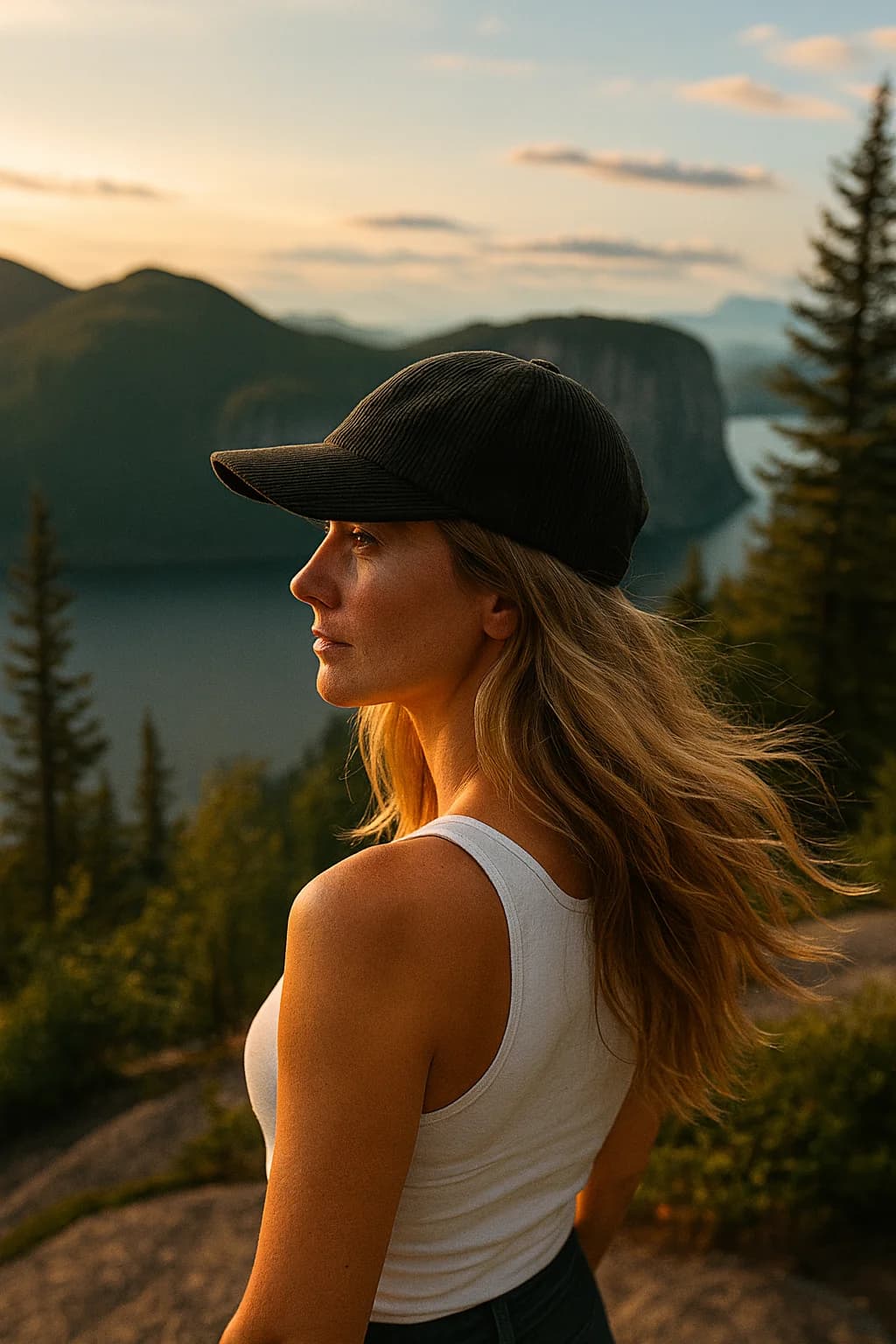 Portrait image of a woman hiker in a corduroy cap