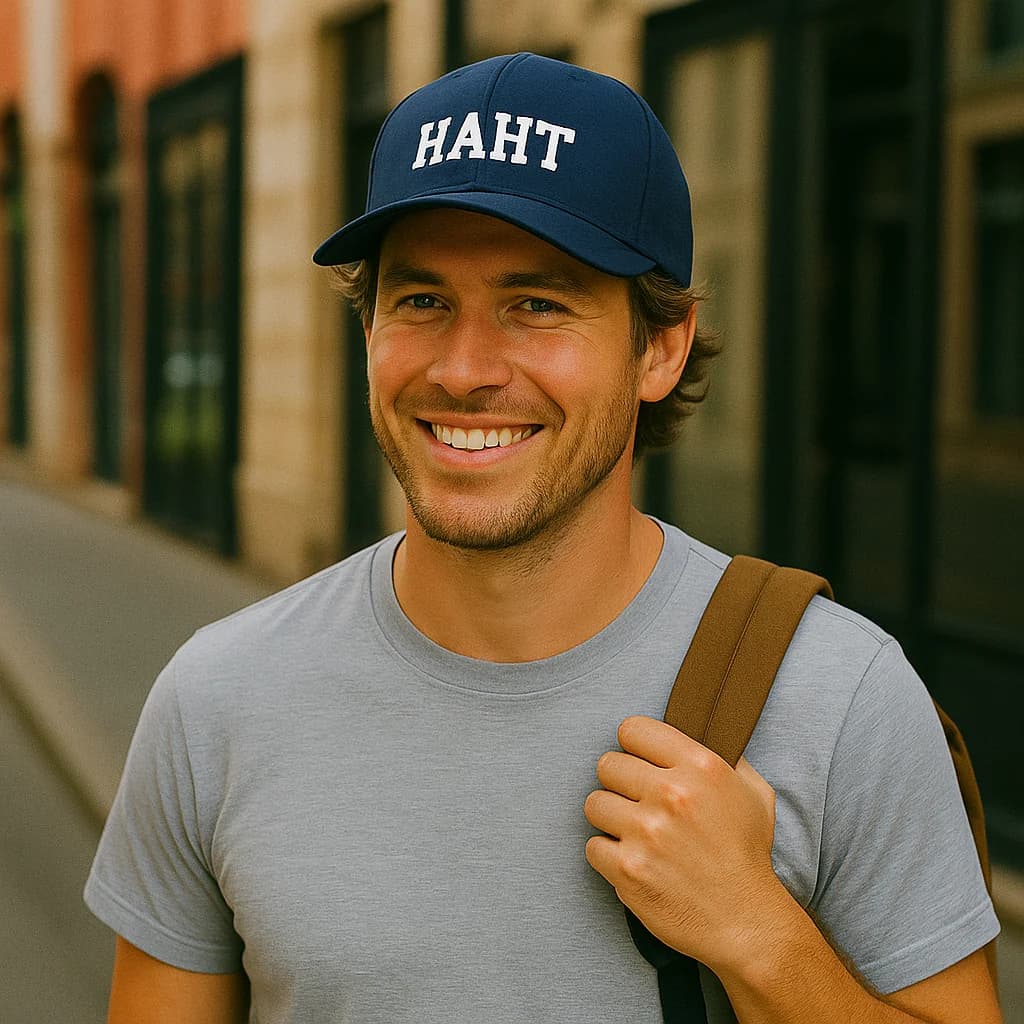 Person in a mid profile cap with a rusksack